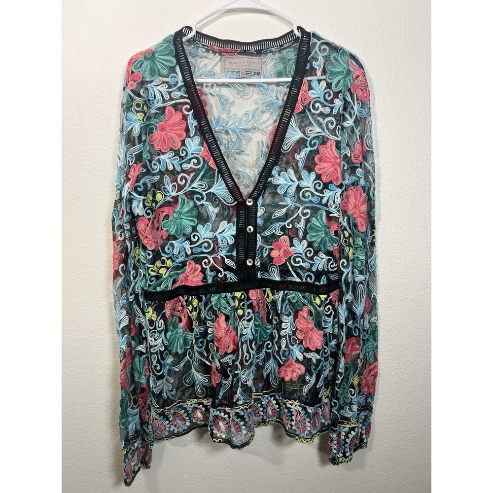Double D Ranch Sheer Blouse Western Boho Embroidered Floral Size XL Tunic
